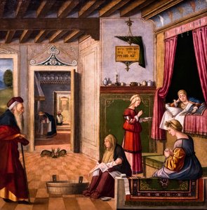 O Nascimento da Virgem, ciclo da Scuola degli Albanesi, cerca de 1502/03 (óleo sobre madeira) de Vittore Carpaccio