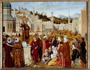 A Predição de Santo Estêvão em Jerusalém Pintura parte de uma série executada para a capela da Scuola si Santo Stefano em Veneza. Pintura de Vittore Carpaccio (1450/54-1525/26) Sol. 1,4x1,9 m - O Sermão de Santo Estêvão (St. Etienne) em Jerusalém. É de Vittore Carpaccio