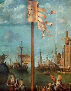 O encontro de Úrsula e do seu noivo Ereo: navios e bandeiras (pintura sobre tela) de Vittore Carpaccio