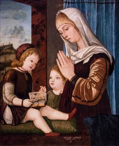 Virgem e Menino com São João Batista em criança, cerca de 1494/97 (técnica mista sobre madeira transferida para seda) de Vittore Carpaccio