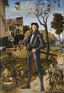 Jovem Cavaleiro numa Paisagem (também conhecido como Retrato de um Cavaleiro) de Vittore Carpaccio