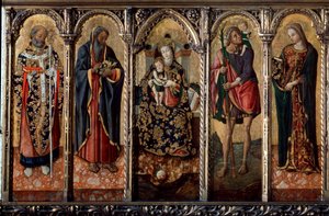 Madonna e Child with Saints polyptych, cinco painéis separados, c1480