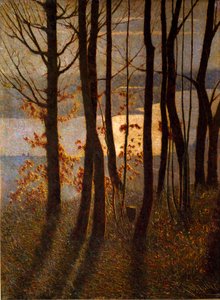 Paisagem de vegetação rasteira perto de um corpo de água ao amanhecer. Pintura de Vittore Grubicy of Dragon (1851-1920) Milão, Galleria d