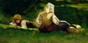 Mulher sentada e menino deitado na grama, de Vittorio Avondo (1836-1910).
