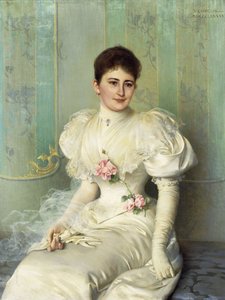 Retrato de uma senhora, sentada a três quartos de comprimento, usando um vestido branco