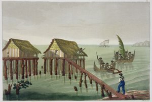 Habitações da Tribo Papu, Rawak, Placa 22 de &39;O Traje Antigo e Moderno&39;, de Jules Ferrario, publicado em c.1820s-30s