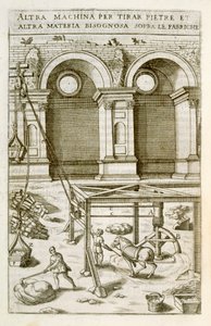 Máquina movida a cavalo para elevação de materiais de construção, do &39;New Machines and Buildings Theatre&39;, pub. 1607