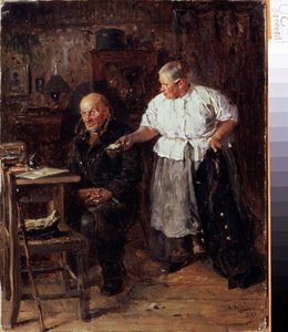 A Repreensão (A Repreensão). Um casal de idosos em seu interior, a esposa repreende o marido, mostrando-lhe a carteira. Pintura de Vladimir Yegorovich Makovsky (Makovsky, Makovskij) (1846-1920), óleo sobre tela de Vladimir Egorovic Makovsky