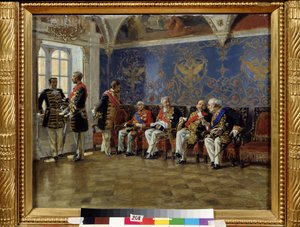 À espera de uma audiência. Sala de espera com personagens em trajes oficiais com todas as condecorações honoríficas e atributos de sua nobreza e funções esperam e discutem antes de serem recebidos pelo czar. pei de Vladimir Egorovic Makovsky