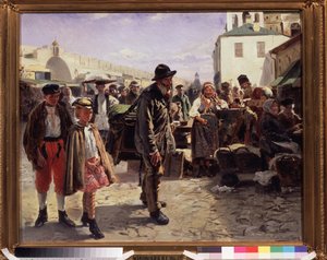 O realejo (The Organ Grinder). O músico itinerante segura seu instrumento nas costas, acompanhado por duas crianças muito elegantes, chegam ao mercado de uma cidade onde os mercadores os observam. Pintura de Vladimir Yegorovi de Vladimir Egorovic Makovsky