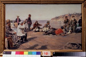 No convés. Viajantes de todas as classes num barco ao longo da costa. Pintura de Vladimir Yegorovich Makovski (Makovsky, Makovskij) (1846-1920), óleo sobre tela de Vladimir Egorovic Makovsky
