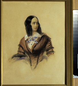 Retrato de Natalie Goncharova (1812-1863), esposa do poeta Alexander Pushkin (1799-1837). (Retrato de Natalia Pushkina, a Esposa de A. Pushkin). Trabalho de Vladimir Ivanovich Hau (Gau) (1816-1895), aguarela sobre papelão