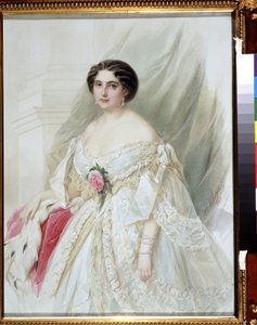 "Retrato de uma senhora com uma capa de pele" Ela está vestida com um vestido branco com fitas, brincos e braceletes. Aguarela de Vladimir Hau (Gau) (1816-1895) 1860 Colecção privada