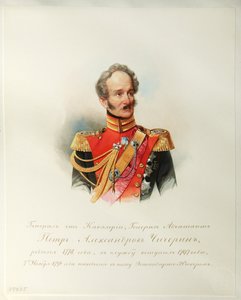 Retrato do General Pyotr Alexandrovich Chicherin (Do Álbum da Guarda Imperial) - Hau (Gau), Vladimir Ivanovich (1816-1895) - 1846-1849 - Aquarela sobre papel - Institut of Russian Literature IRLI (Pushkin-House), St Petersburgo de Vladimir Ivanovich Hau