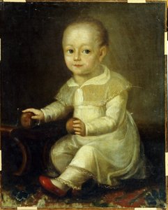Retrato de uma criança com maçãs. (Retrato de uma criança com maçãs). Pintura de Vladimir Lukitch Borovikovsky (ou Borovikovsky) (1757-1825) de Vladimir Lukich Borovikovsky