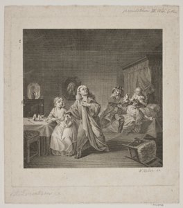Maternidade III. cena do ato 6. Gravura após a Galeria Holberg de Lorenzen. de WIlhelm Heuer