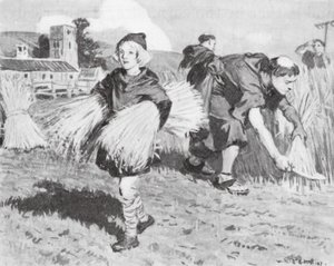 Bede no campo de colheita (litografia) de W.R.S. (after) Stott