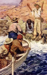 Edward Eyre resgatado por baleeiros franceses (lito colorido) de W.R.S. (after) Stott