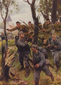 Os Seaforth Highlanders derrotam o inimigo (lito colorido) de W.R.S. (after) Stott