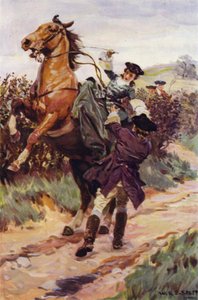 "A besta indisciplinada atirou o seu belo fardo das costas, e Jones apanhou-a nos seus braços" (cor litho)