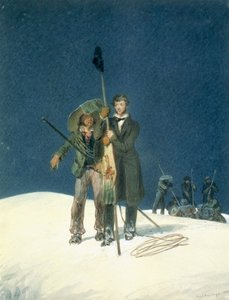 Charles Fellows com William Hawes, planta um bastão na cimeira, incluído como uma inserção em uma narrativa de uma ascensão à cimeira de Mont Blanc por Charles Fellows (1799-1860), publicada 1827 (wc no pa de W.S. Hastings