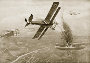 Batalha aérea do Capitão Águia com três aviões alemães, 25 de julho de 1915, ilustração de "A História da Nação"