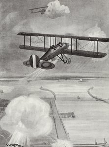 O Líder de Esquadrão Richard Davies e o Tenente de Voo Richard Peirse lançando bombas na estação submarina de Zeebrugge sob fogo pesado, 23 de janeiro de 1915