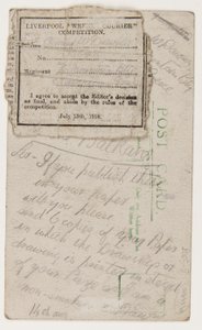 Postal para o editor do Liverpool Weekly Courier, 14 de agosto de 1918 (lápis em cartão postal) de W. Dawson