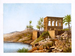 Templo egípcio pelo rio Nilo, Egito, c1870.