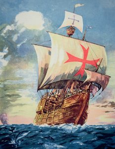 A Santa Maria levando Cristóvão Colombo para as Américas em 1492 (cor litho)