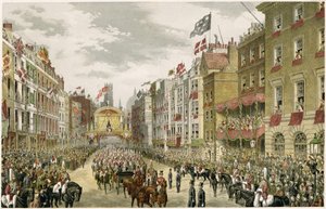 Procession on the Strand, Temple Bar, Strand, Londres, Reino Unido (gravura a cores) de W. H. Russell