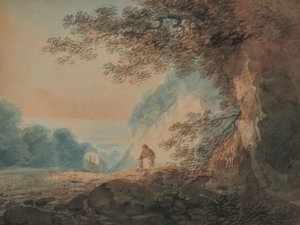 Paisagem, árvore em primeiro plano e figuras de mulher e criança de W Payne