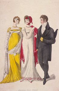 Duas mulheres e um homem vestindo um vestido de noite completo, c1810