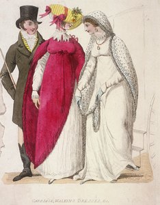 Duas mulheres com vestidos de passeio acompanhadas por um homem, c1810