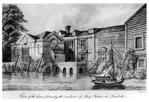 Vista da casa anteriormente a residência de Guy Fawkes em Lambeth, c.1850 (aquatint) de W. Read