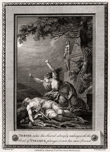 Thisbe pega a espada que já cheira ao sangue de Pyramus e a mergulha em ..., 1775. de W. Walker