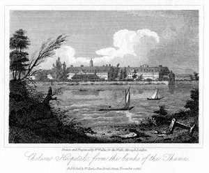 Hospital de Chelsea, dos bancos do Tamisa, Londres, 1816. de W. Wallis