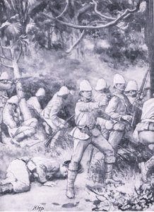 Combatendo uma estrada através da floresta a caminho de Coomassie, ilustração de "British Battles on Land and Sea". de Wal Paget