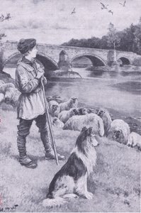 A visão da velha Ponte Romana em Musselburgh desperta a imaginação de John Rennie, o pastor, de My Magazine, pub.1922 (litho) de Wal Paget
