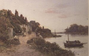 Cremes de pesca numa aldeia da Cornualha (aguarela sobre papel) de Walker Stuart Lloyd