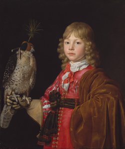 Retrato de um menino com um falcão.