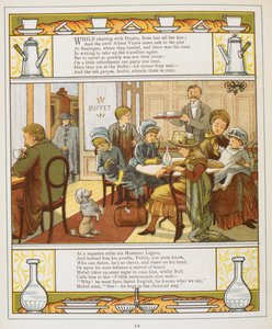 Uma família a tomar um refresco num buffet. Ilustração a cores de 