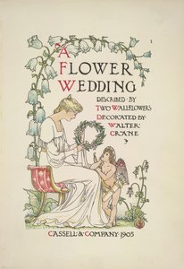 Uma mulher sentada segurando uma grinalda; um anjo a olhar para ela de Walter Crane