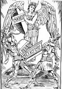 Alegoria de Walter Crane: O socialismo triunfa duramente a luta entre o liberalismo e o Torysm (Partido Conservador Inglês). Gravura do final do século XIX. de Walter Crane