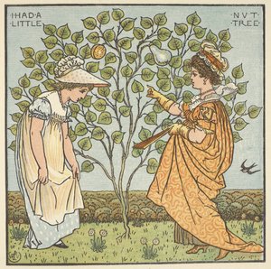 Ilustração a cores para "Eu tinha uma pequena árvore de nozes". Uma jovem rapariga e uma rainha de Espanha. de Walter Crane