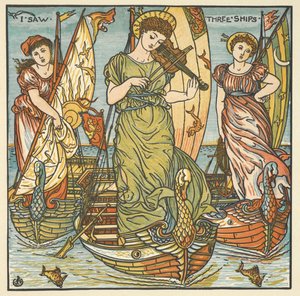 Ilustração a cores para "Vi três navios". Três mulheres, uma a tocar violino, de pé em navios. de Walter Crane