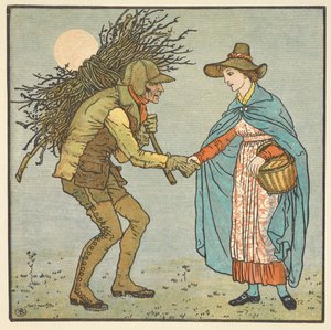 Ilustração a cores para "o velhote em pele". Uma jovem mulher a apertar a mão a um homem que tem uma pilha de galhos no ombro. de Walter Crane