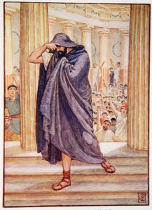 Ele deixou a assembléia escondendo seu rosto em sua capa, ilustração de A História da Grécia por Mary Macgregor, 1a edição, 1913 (impressão colorida) de Walter Crane