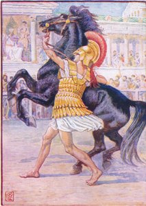 Ele correu em direção ao cavalo e pegou o freio, ilustração da história da Grécia de 1930 de Walter Crane