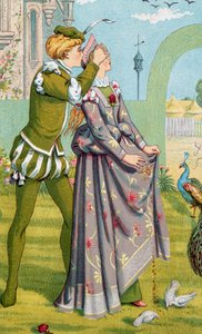 "A surpresa romântica" Um rapaz cobre os olhos de uma rapariga. Ilustração de Walter Crane (1845-1915) e Kate Greenaway (1846-1901) de Walter Crane